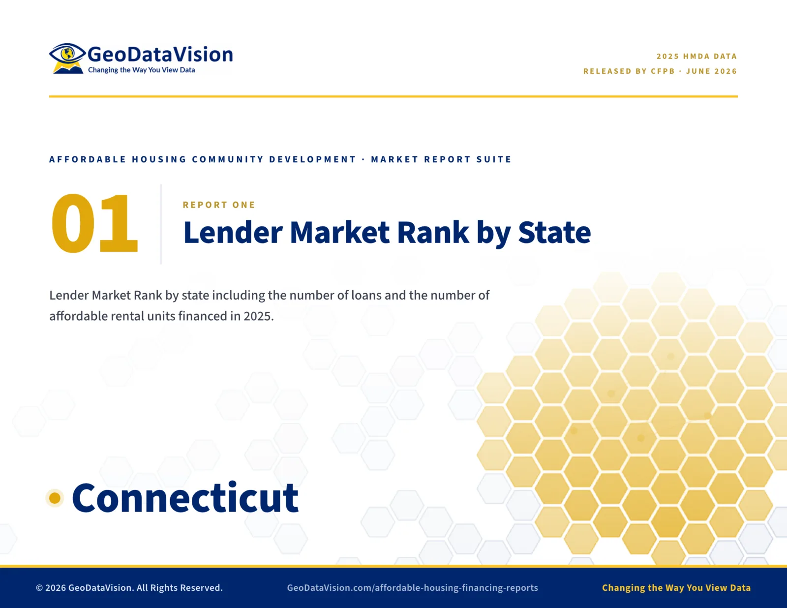 Cover of Report 01, Lender Market Rank by State, from the Affordable Housing Community Development Market Report Suite (Connecticut edition).