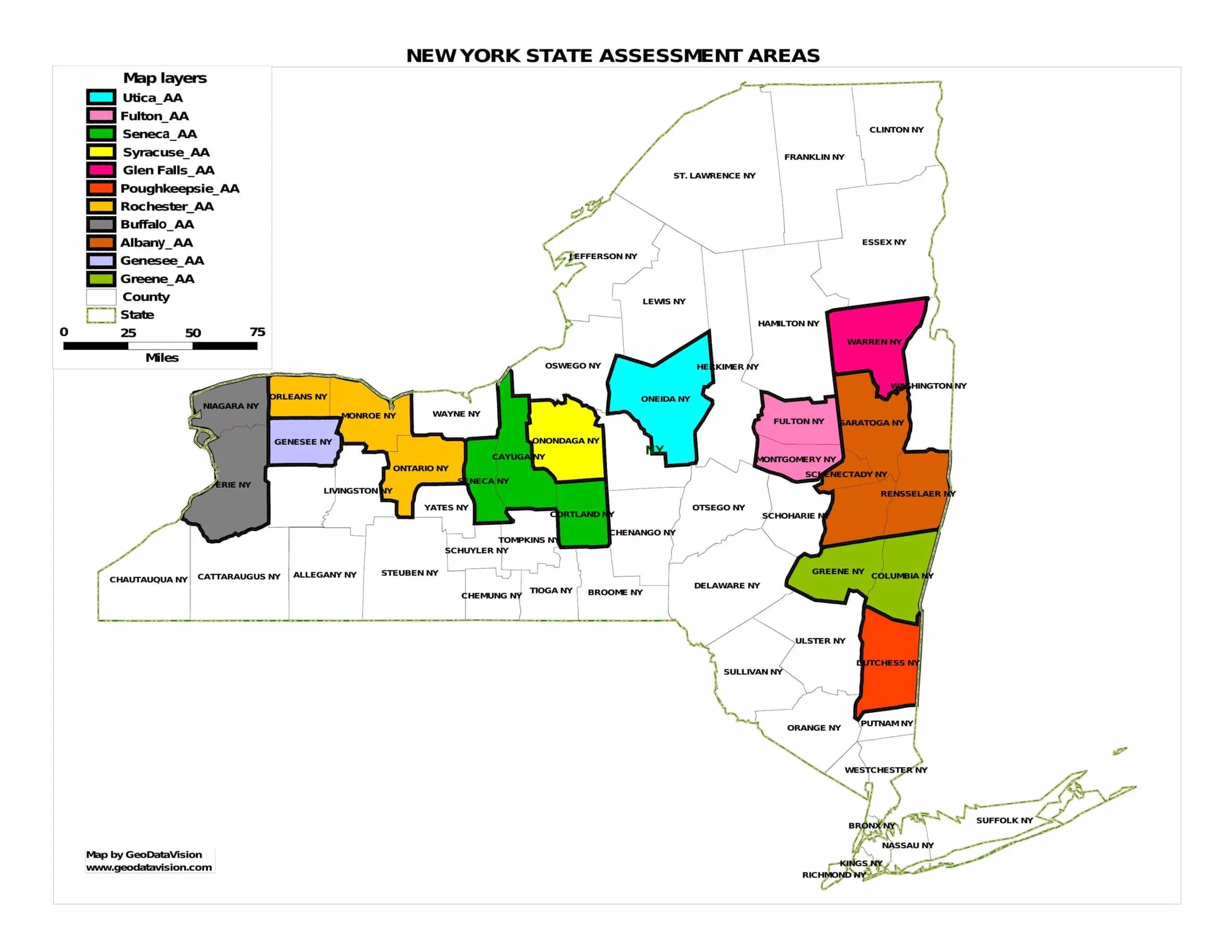 GeoDataVision map of New York State assessment areas: several assessment areas, each in its own color, over county boundaries.
