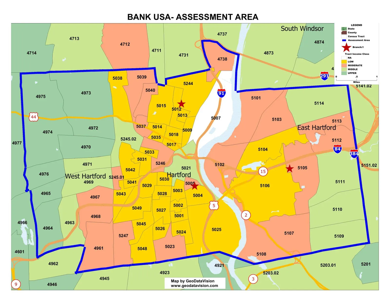 Sample GeoDataVision assessment area map: census tracts shaded by income class, with the bank's assessment area outlined and branch locations marked.