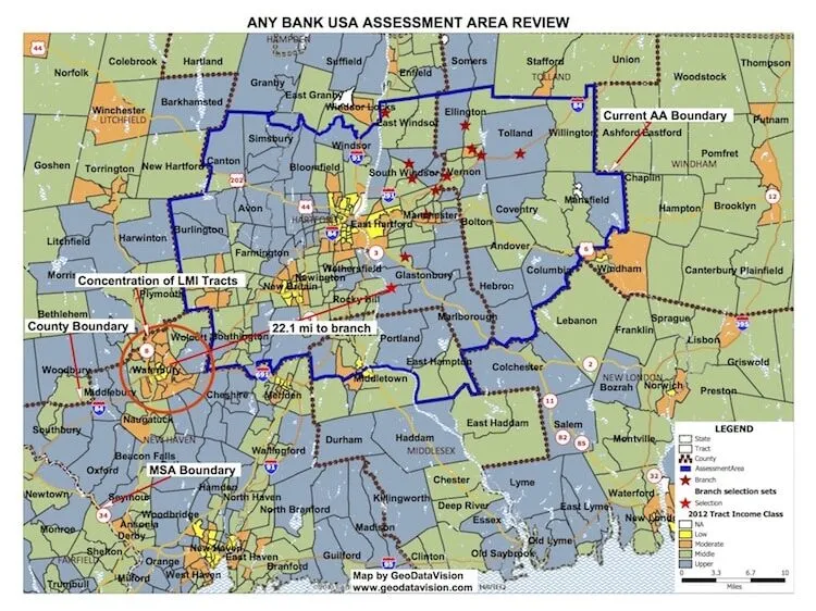 Assessment area review map for a sample bank: the current assessment area boundary over income-class tracts, with a concentration of LMI tracts, county and MSA boundaries, branch locations and a 22.1-mile distance to a branch.