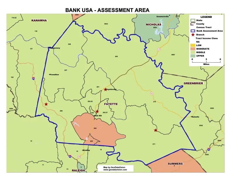 Sample assessment area map with tracts by income class and a legend.