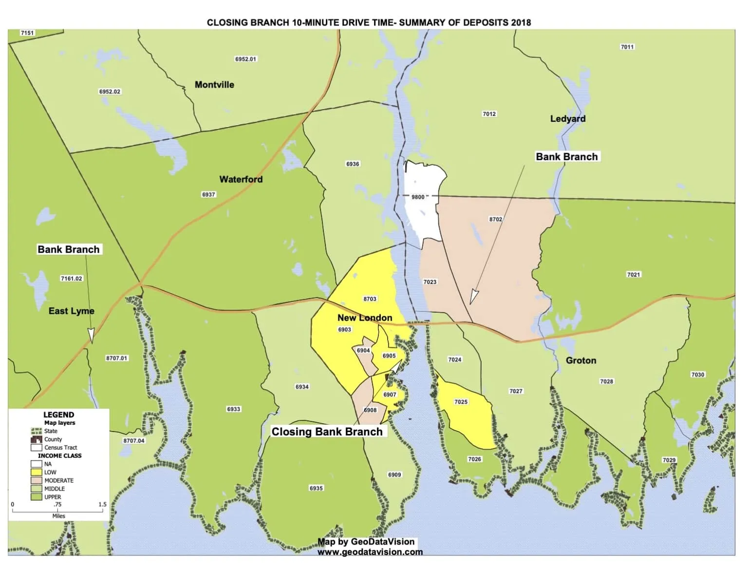 Sample map showing a branch closing analysis area and nearby branches.