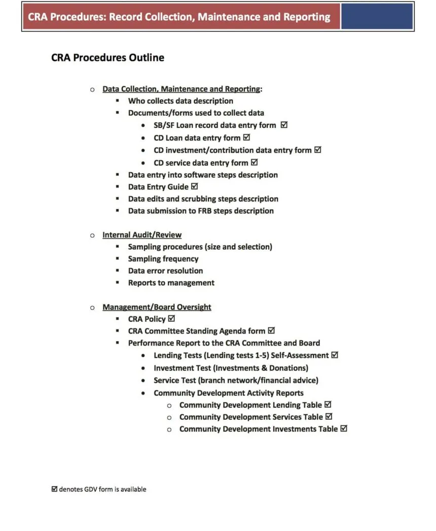 Outline page from GeoDataVision’s CRA Procedures: data collection, maintenance and reporting; internal audit and review; and management and board oversight.