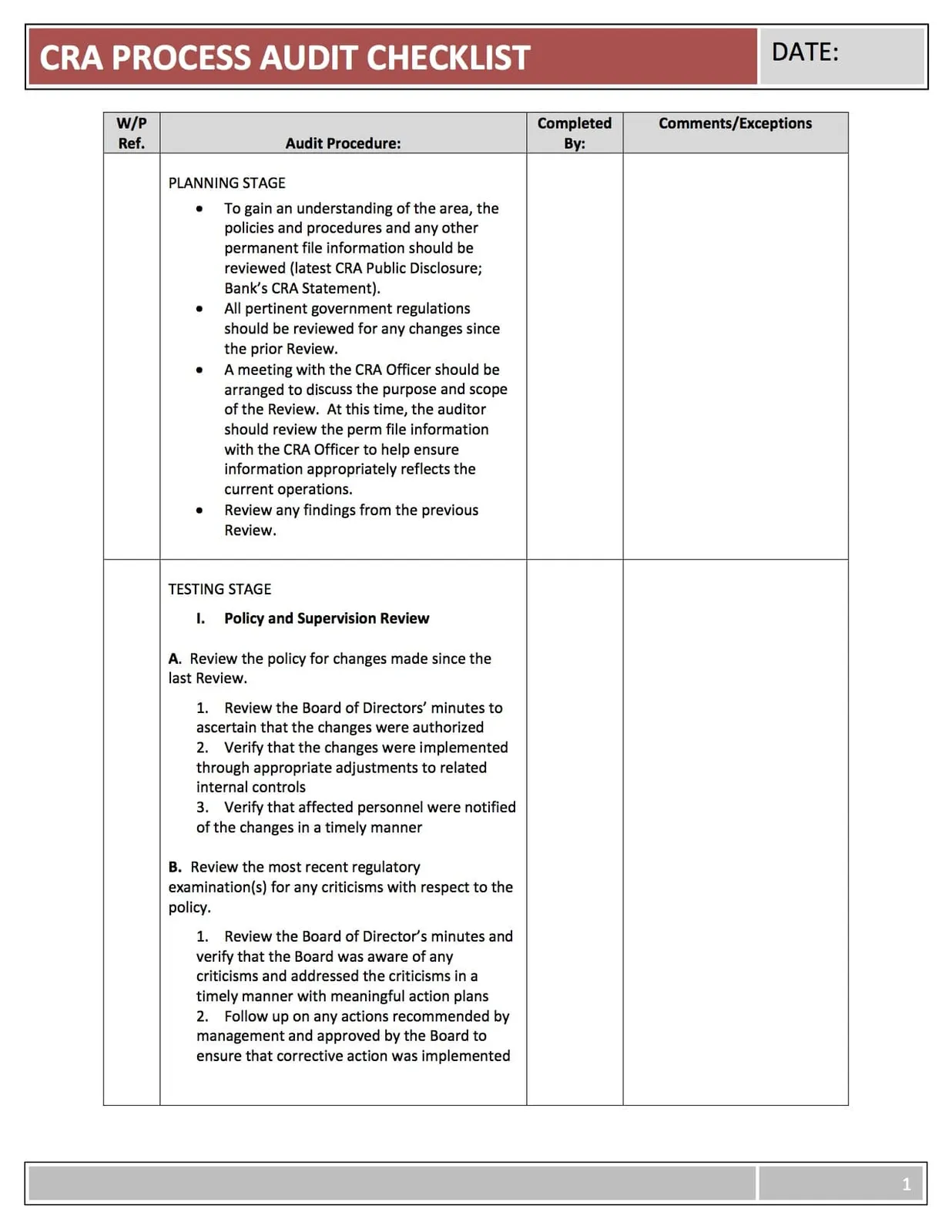 Excerpt from the Internal Audit Review book: the CRA process audit checklist.