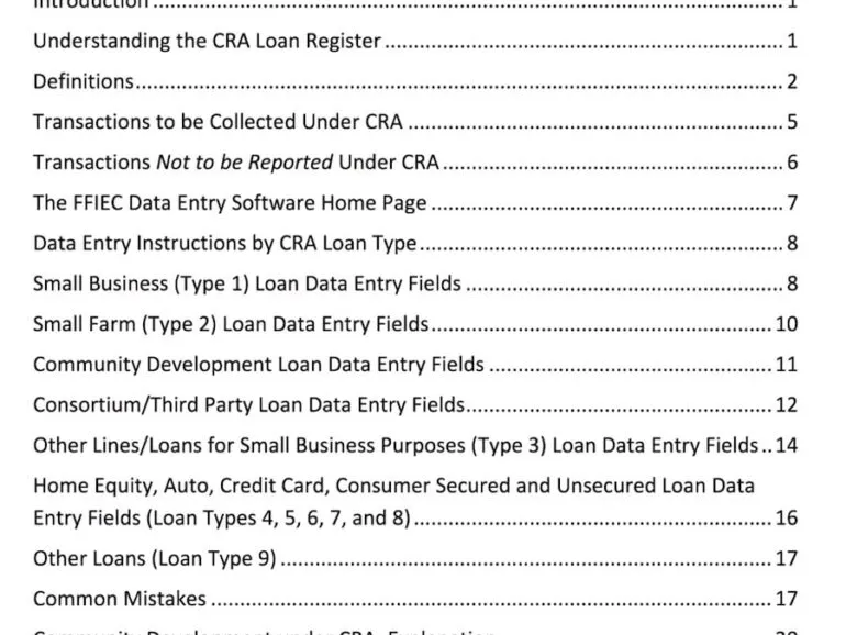 Excerpt from the CRA Data Entry Guide: its table of contents.