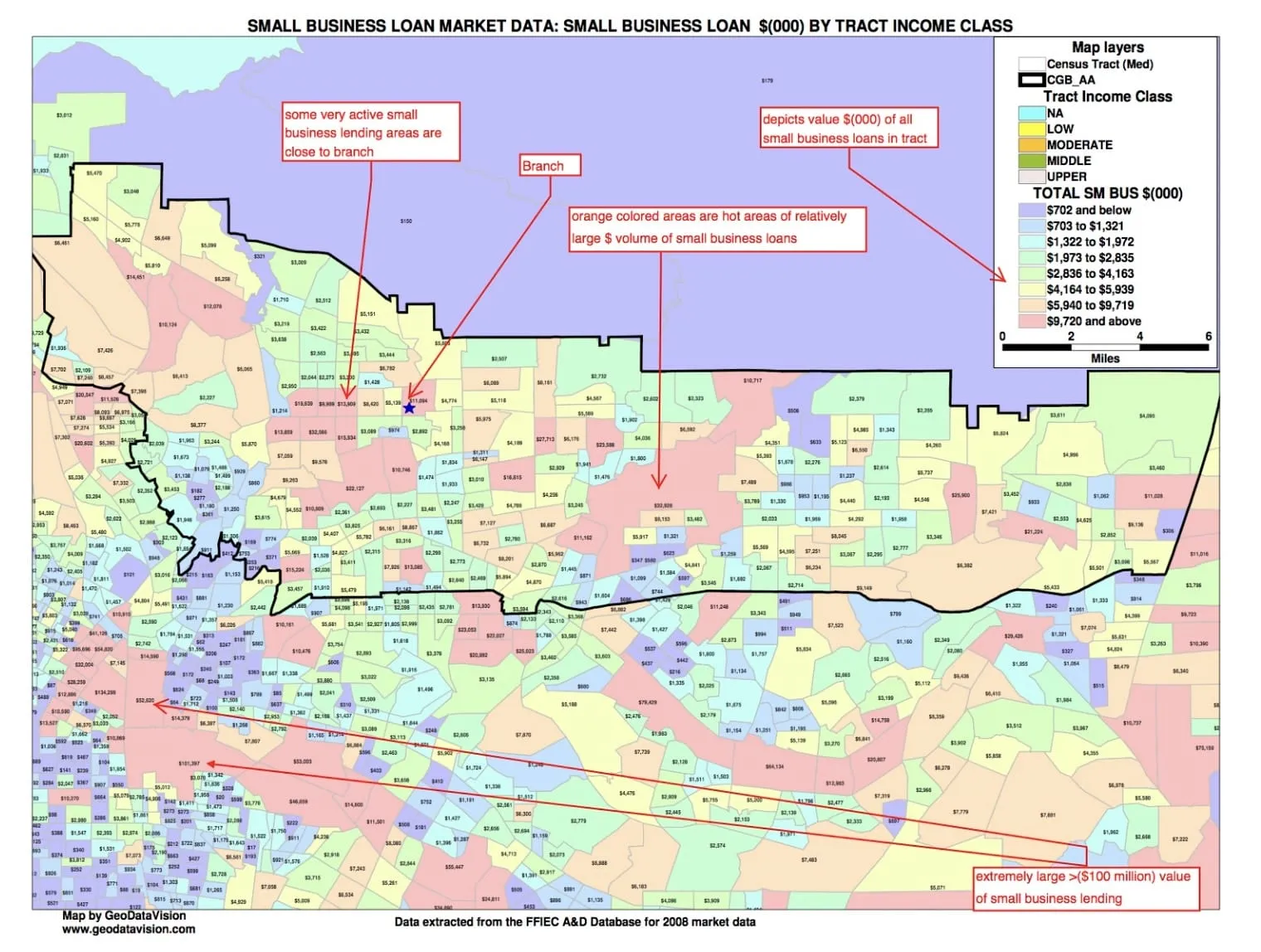 Sample market data map with lending activity displayed geographically.