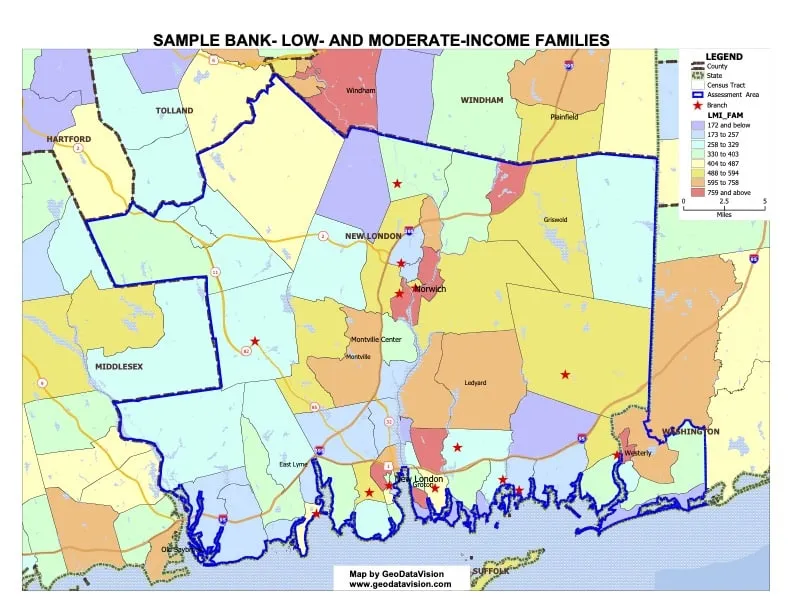 Sample bank map: low- and moderate-income families by tract.