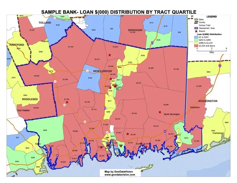 Sample bank map from the CRA performance package: loan dollars distributed by tract quartile across the assessment area, with branches and town names.