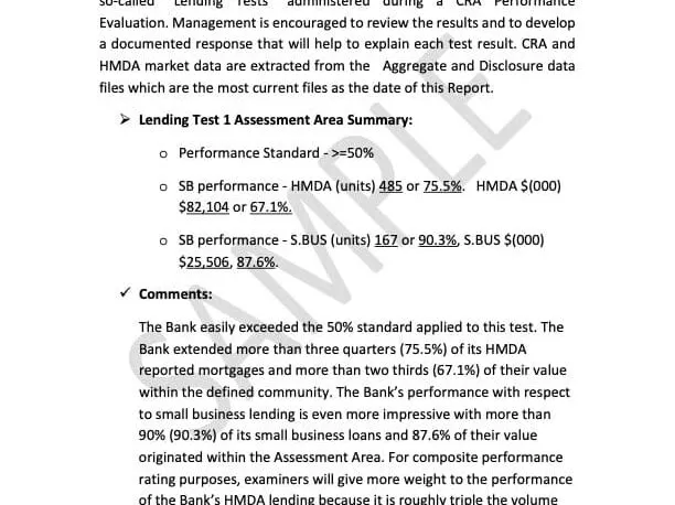 Page from a sample Executive Narrative: the Lending Test 1 assessment area summary, with the performance standard and comments.